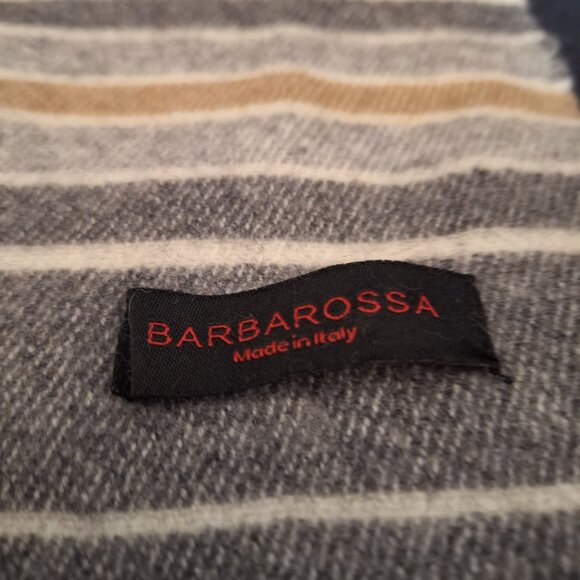 BARBAROSSA Italy Gray Tan Wool Blend Blanket Stripe 62” Fringe Scarf Muffler - Picture 4 of 5